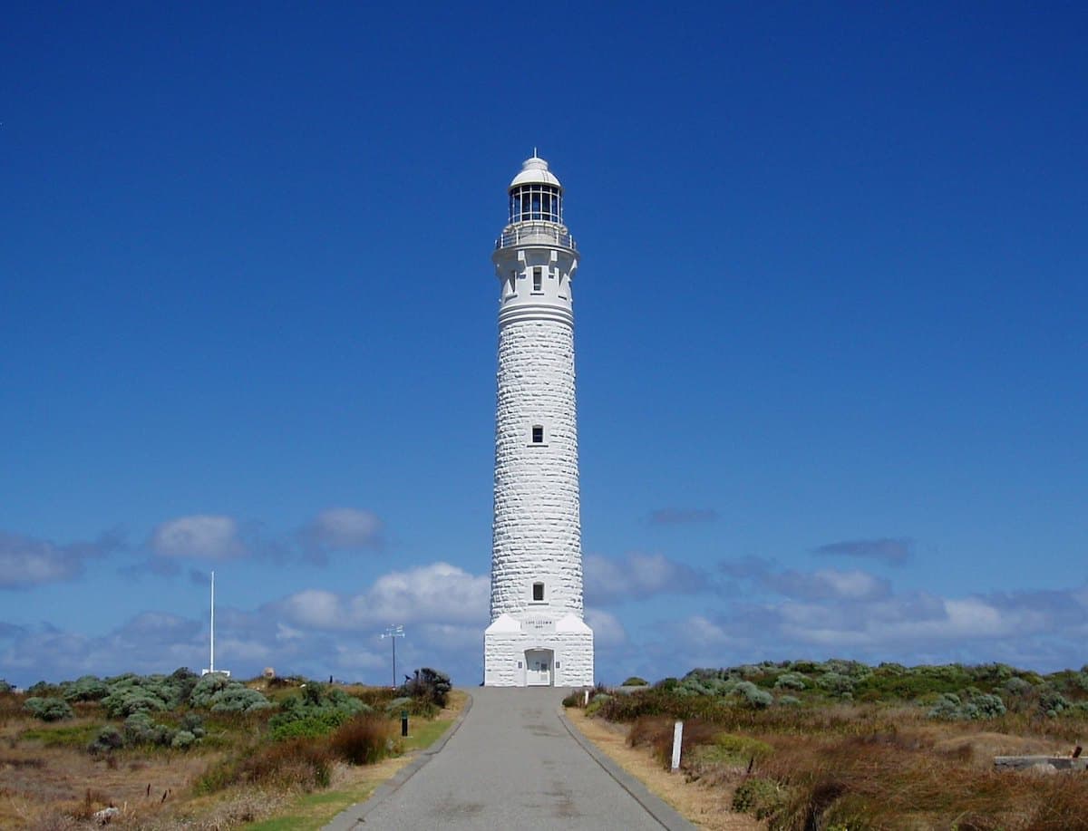 Cape Leeuwin Lighthouse with sunny blue skies behind it
