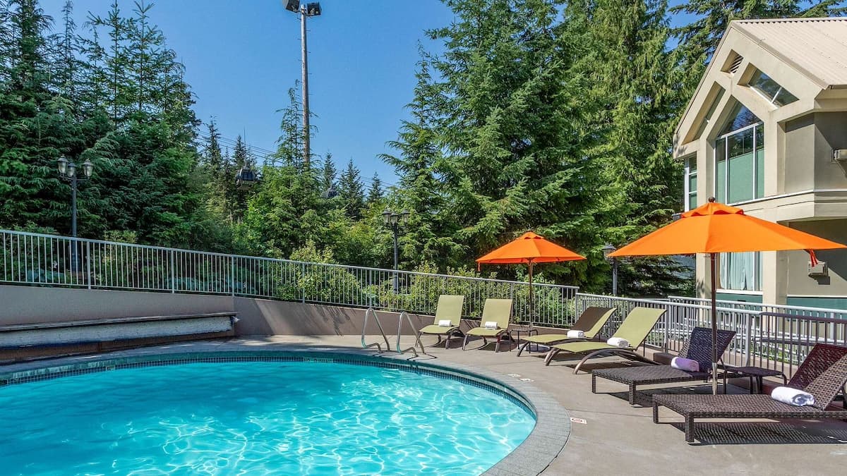 Pool on a sunny day with sun beds and orange umbrellas dotted around the pool and tall green trees in background