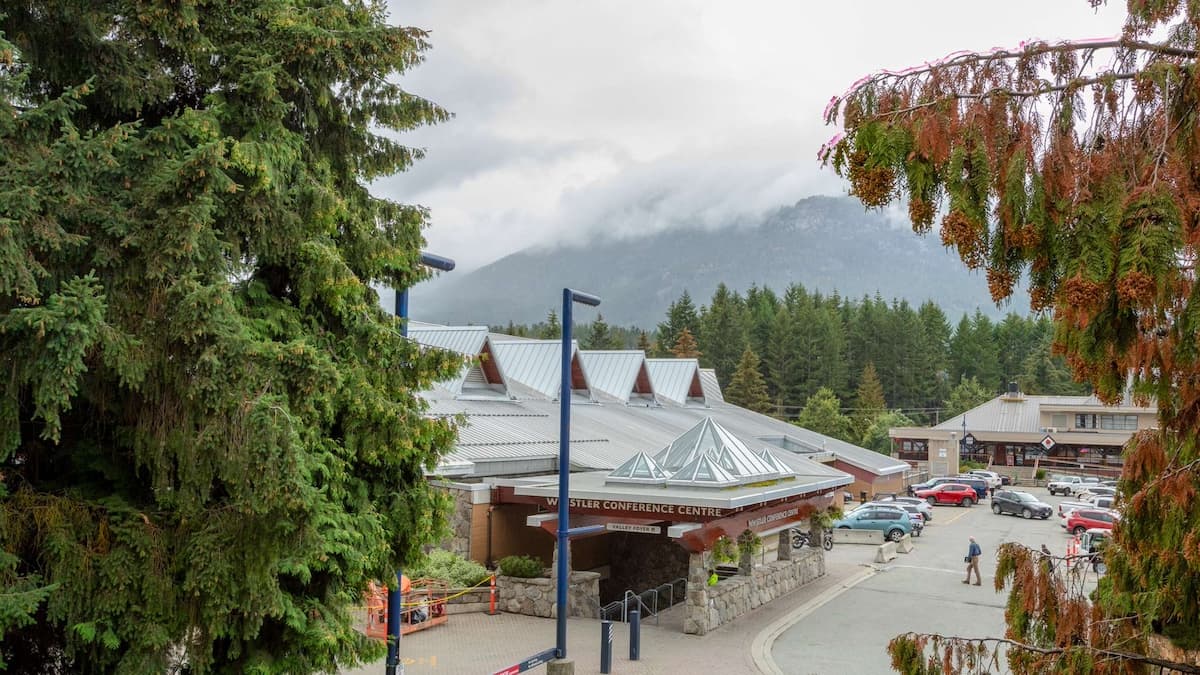 View from apartment down to village centre and shops with car park and green trees in background
